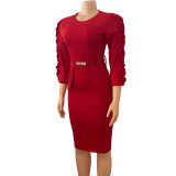 Spring African Red Round Neck Three Quarter Sleeve Ruffles With Belt Office Dress