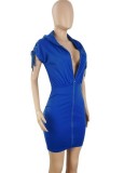 Summer Fashion Blue Zipper With Hood Bandage Short Sleeve Mini Dress