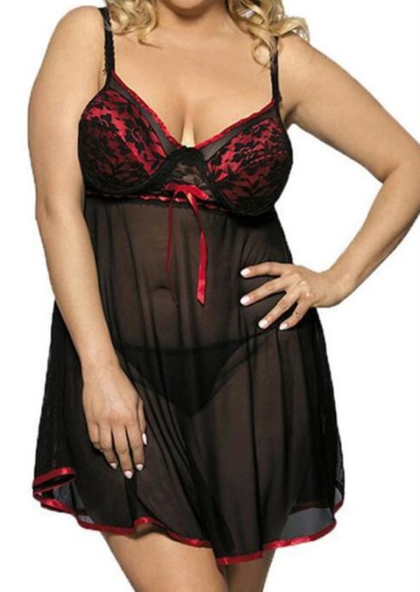 Plus Size Women Sexy Red Lace Braces Lingerie Dress