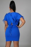 Summer Fashion Blue Zipper With Hood Bandage Short Sleeve Mini Dress