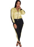 Spring Fashion Yellow Sequins Zipper Top And Pant Wholesale Women'S Two Piece Sets