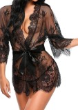 Plus Size Women Sexy Black Lace With Belt Nightgown Robe Lingerie