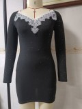 Spring Sexy Black Print V Neck Lace Long Sleeve Mini Dress