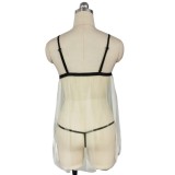 Plus Size Women Sexy Beige See Through Mesh With Lace Braces Dress And T-Back Lingerie Set