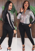 Spring Fashion Silver Sequins Zipper Top And Pant Wholesale Women'S Two Piece Sets
