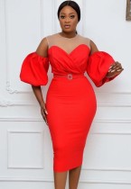 Spring Elegant Red Off Shoulder Round Neck Contrast Mesh Puffed Sleeve With Belt Midi Dress