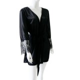 Plus Size Women Sexy Black Satin Lace With Belt Nightgown Robe Lingerie