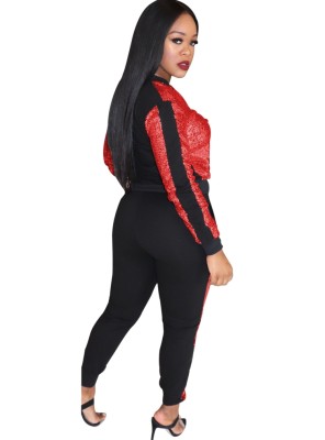 Spring Fashion Red Sequins Zipper Top And Pant Wholesale Women'S Two Piece Sets