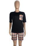 Summer Casual Black With Plaid Pocket T-Shirt And Plaid Shorts Cheap Wholesale Two Piece Sets