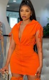 Summer Fashion Orange Zipper With Hood Bandage Short Sleeve Mini Dress
