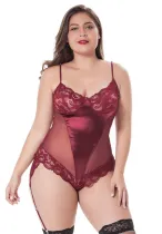 Plus Size Women Sexy Red Mesh Lace Braces Bodysuit Lingerie