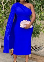 Spring African Elegant Blue Sloping Shoulder With Cape Sleeve Midi Dress