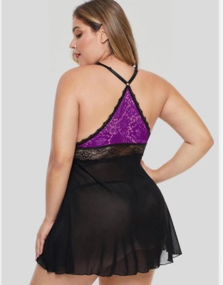 Plus Size Women Sexy Purple With Black Lace Lingerie Dress