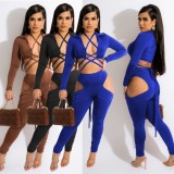Spring Sexy Brown Bandage Hollow Out Long Sleeve Crop Top And Cut Out Pant Wholesale Two Piece Sets