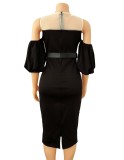 Spring Elegant Black Off Shoulder Round Neck Contrast Mesh Puffed Sleeve With Belt Midi Dress