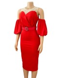 Spring Elegant Red Off Shoulder Round Neck Contrast Mesh Puffed Sleeve With Belt Midi Dress