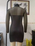 Spring Sexy Black Print High Collar Mesh Long Sleeve Mini Dress