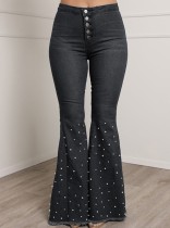 Spring Sexy Grey High Wasit Buttons Bubble Bead Flared Jeans