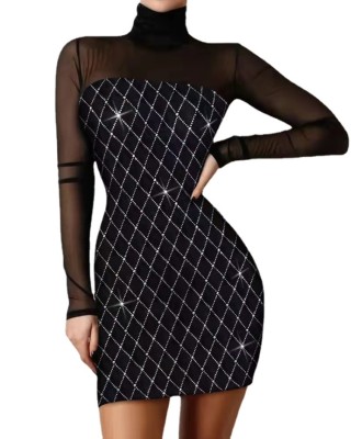 Spring Sexy Black Print High Collar Mesh Long Sleeve Mini Dress