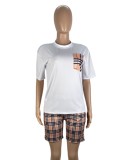 Summer Casual White With Plaid Pocket T-Shirt And Plaid Shorts Cheap Wholesale Two Piece Sets