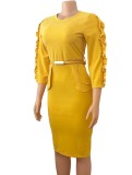Spring African Yellow Round Neck Three Quarter Sleeve Ruffles With Belt Office Dress