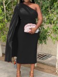 Spring African Elegant Black Sloping Shoulder With Cape Sleeve Midi Dress