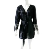 Plus Size Women Sexy Black Satin Lace With Belt Nightgown Robe Lingerie