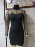 Spring Elegant Black Sqeuins Mesh Long Sleeve High Collar Mini Dress
