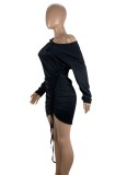 Spring Sexy Black Off Shoulder Long Sleeve Lace Up Bodycon Dress