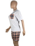 Summer Casual White With Plaid Pocket T-Shirt And Plaid Shorts Cheap Wholesale Two Piece Sets
