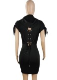 Summer Fashion Black Zipper With Hood Bandage Short Sleeve Mini Dress