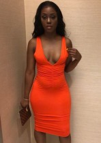 Summer Sexy Orange Deep V Neck Sleeveless Midi Dress