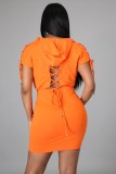 Summer Fashion Orange Zipper With Hood Bandage Short Sleeve Mini Dress