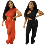 Summer Sexy Black Irregular Round Neck Short Sleeve Top And Pant Wholesale Two Piece Clothing