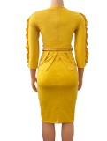 Spring African Yellow Round Neck Three Quarter Sleeve Ruffles With Belt Office Dress