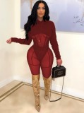 Spring Sexy Red See Through Mesh Long Sleeve With Hood Top And Pant Wholesale Two Piece Clothing