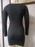 Spring Sexy Black Print V Neck Lace Long Sleeve Mini Dress