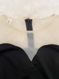Spring Elegant Black Off Shoulder Round Neck Contrast Mesh Puffed Sleeve With Belt Midi Dress