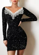 Spring Sexy Black Print V Neck Lace Long Sleeve Mini Dress