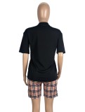 Summer Casual Black With Plaid Pocket T-Shirt And Plaid Shorts Cheap Wholesale Two Piece Sets
