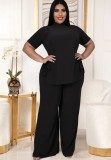 Spring Plus Size Black High Collar Short Sleeve Long Top And Loose Pant Wholesale 2 Piece Outfits