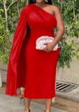 Spring African Elegant Red Sloping Shoulder With Cape Sleeve Midi Dress