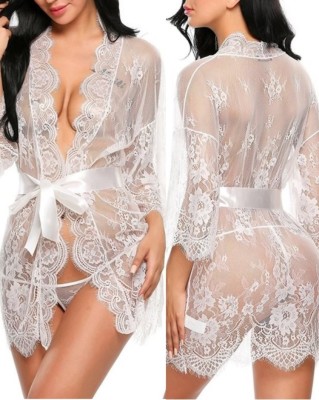 Plus Size Women Sexy White Lace With Belt Nightgown Robe Lingerie