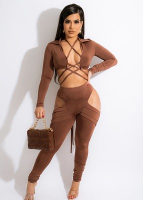 Spring Sexy Brown Bandage Hollow Out Long Sleeve Crop Top And Cut Out Pant Wholesale Two Piece Sets