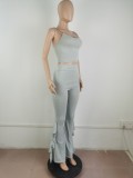 Women Summer Grey Strap Crop Top and High Waist Bell Pants Two Piece Set