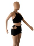 Women Summer Black Sexy Halter Crop Top and Hollow Mini Skirt Two Piece Set