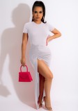 Women Summer White Short Sleeves Ruched Strings Slit Long Party Dress