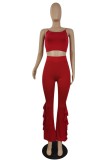 Women Summer Red Strap Crop Top and High Waist Bell Pants Two Piece Set