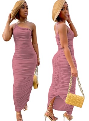 Women Summer Pink One Shoulder Pleated Long Party Dress