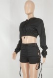Women Spring Black Long Sleeve Crop Top and Lace-Up Shorts Two Piece Set